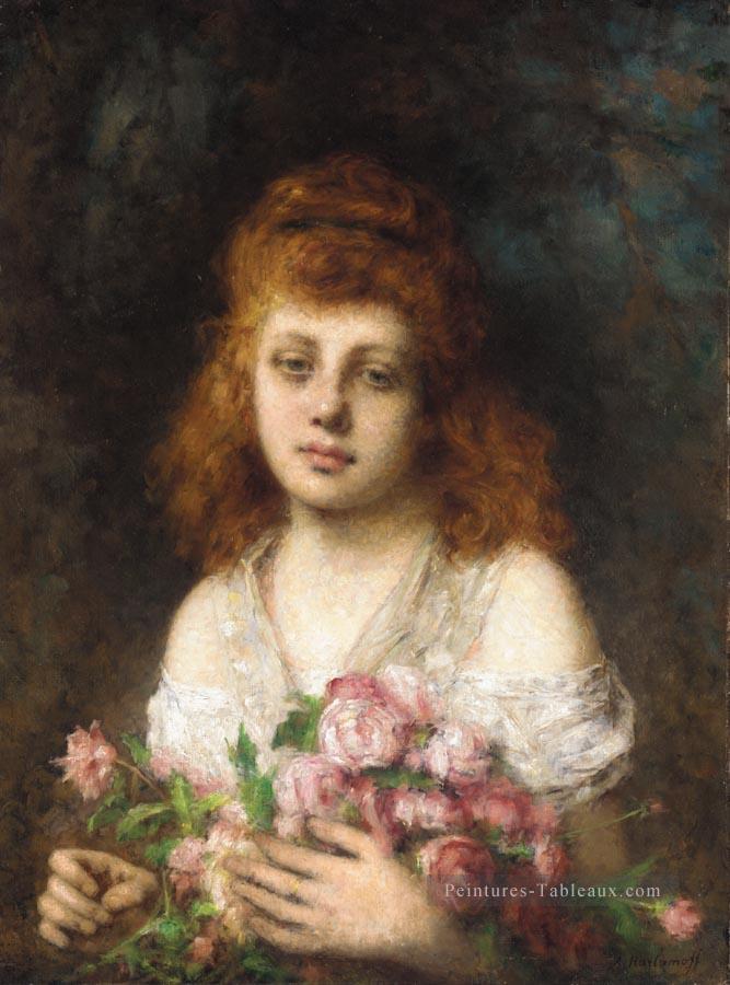 Auburn beauté aux cheveux avec Bouquet de Roses portrait de fille Alexei Harlamov Peintures à l'huile